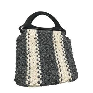 Vintage 1970s Black & Cream Striped Crochet Handbag with Plastic Handles -